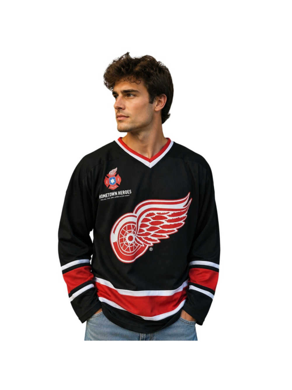 Detroit Red Wings Hockey Jersey L Black Red EMS Fire Police Appreciation EUC